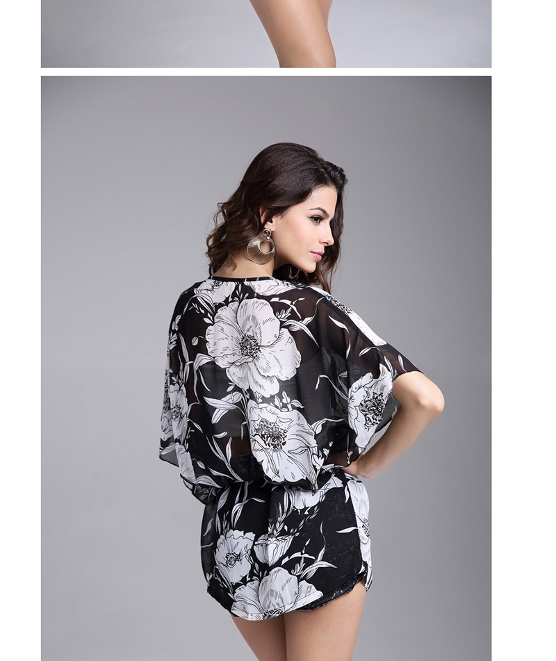 Fashion Black Flowers Decorated Round Neckline Blouse,Sunscreen Shirts