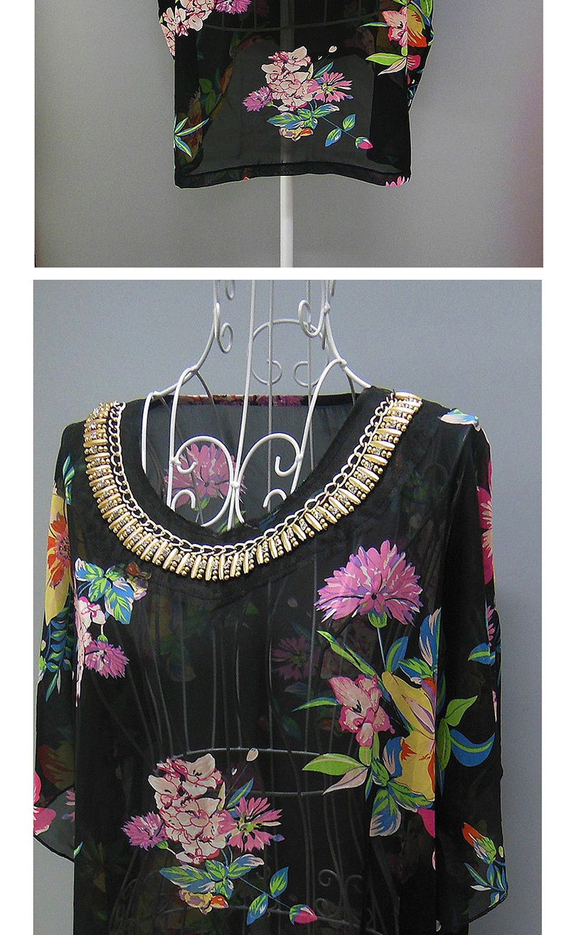 Fashion Black Flowers Decorated Round Neckline Blouse,Sunscreen Shirts