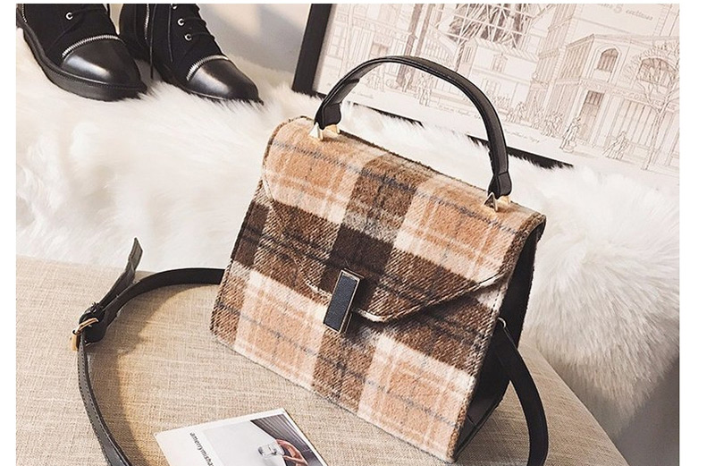 Fashion Khaki Grid Pattern Decorated Shoulder Bag,Handbags