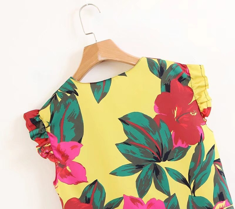 Fashion Red+yellow Flowers Pattern Decorated V Neckline Blouse,Sunscreen Shirts