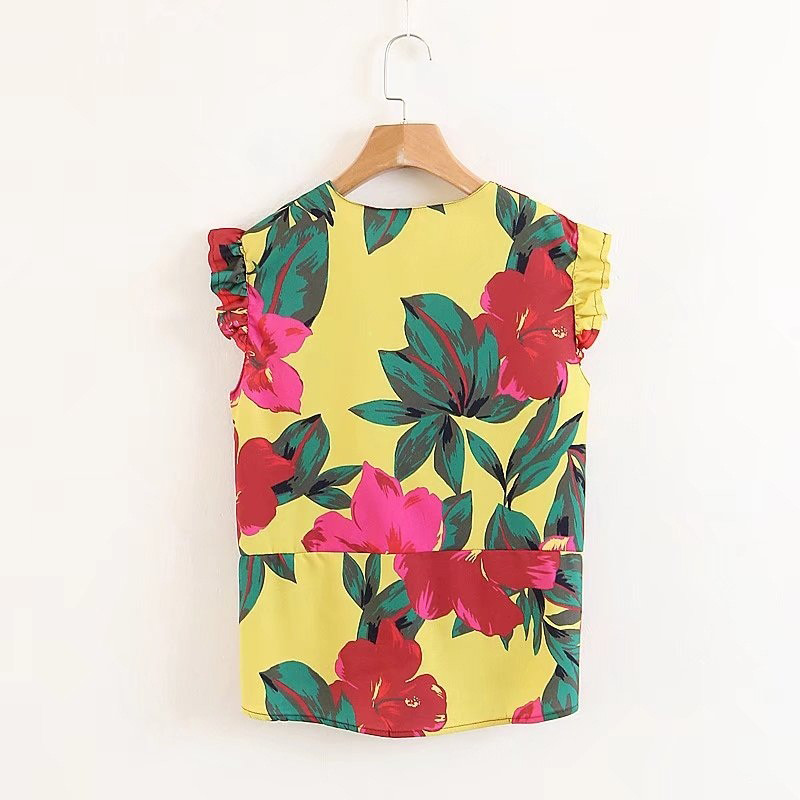 Fashion Red+yellow Flowers Pattern Decorated V Neckline Blouse,Sunscreen Shirts