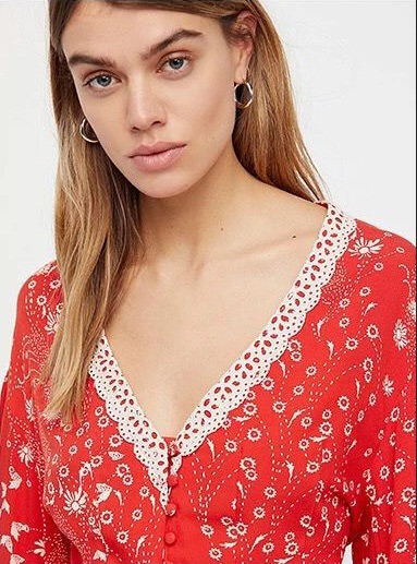 Fashion Red Long Sleeves Design V Neckline Smock,Sunscreen Shirts