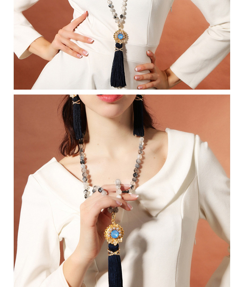 Fashion Dark Blue Tassel&gemstone Decorated Long Necklace,Thin Scaves