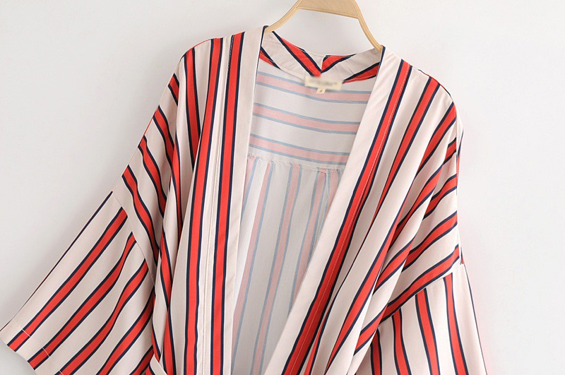 Fashion White+red V Neckline Design Long Sleeves Kimono,Sunscreen Shirts