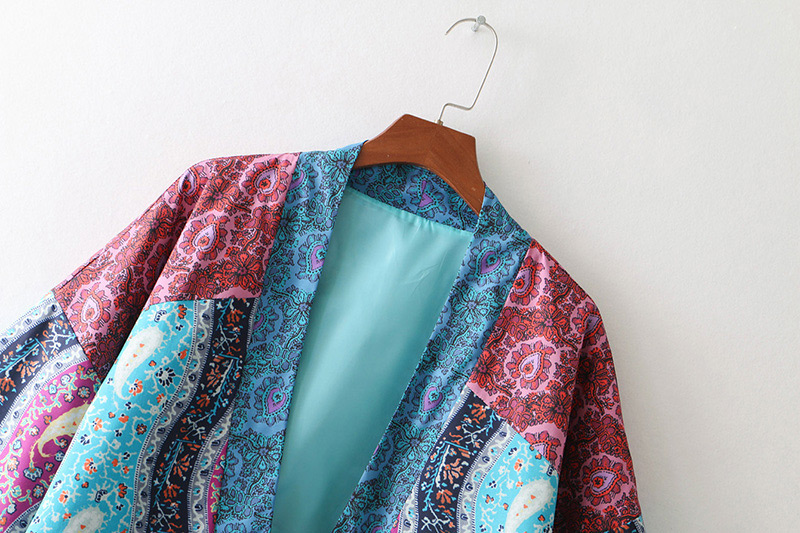 Fashion Blue Flowers Pattern Decorated Long Sleeves Coat,Coat-Jacket