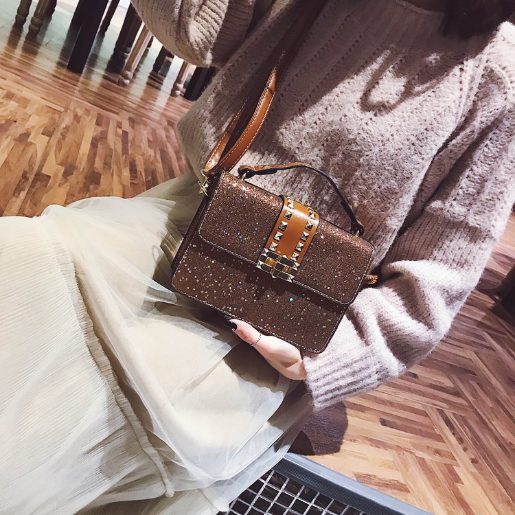 Fashion Khaki Sequins Decorated Square Shape Bag,Messenger bags