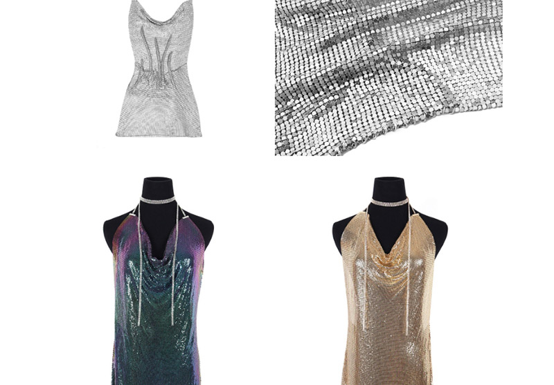 Fashion Multi-color Color Matching Design V Neckline Dress,Body Piercing Jewelry