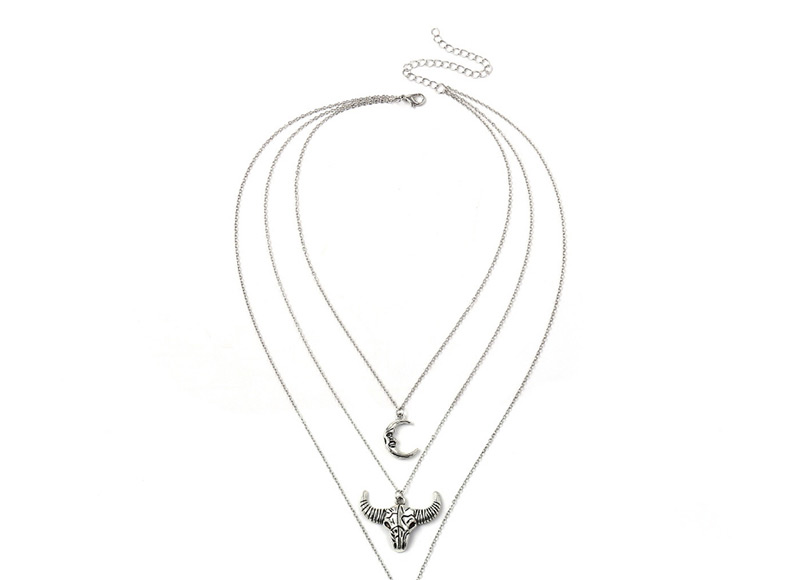 Fashion Silver Color Moon&bullhead Pendant Decorated Necklace,Multi Strand Necklaces