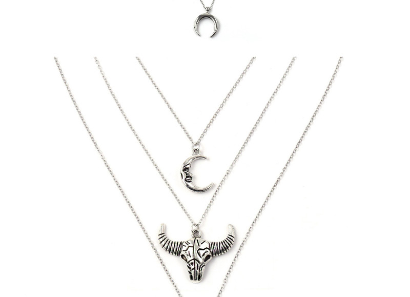 Fashion Silver Color Moon&bullhead Pendant Decorated Necklace,Multi Strand Necklaces