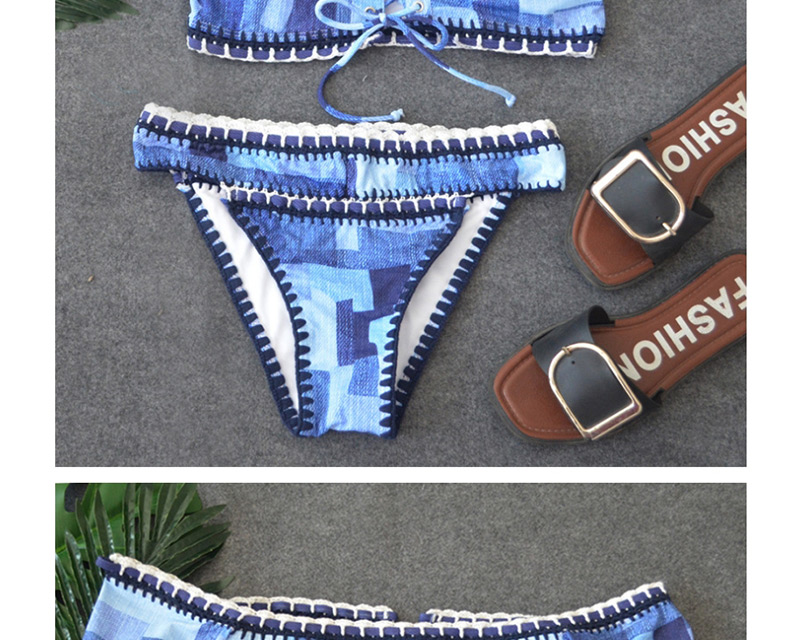 Sexy Blue Lace Decorated Off Shoulder Swimwear,Bikini Sets