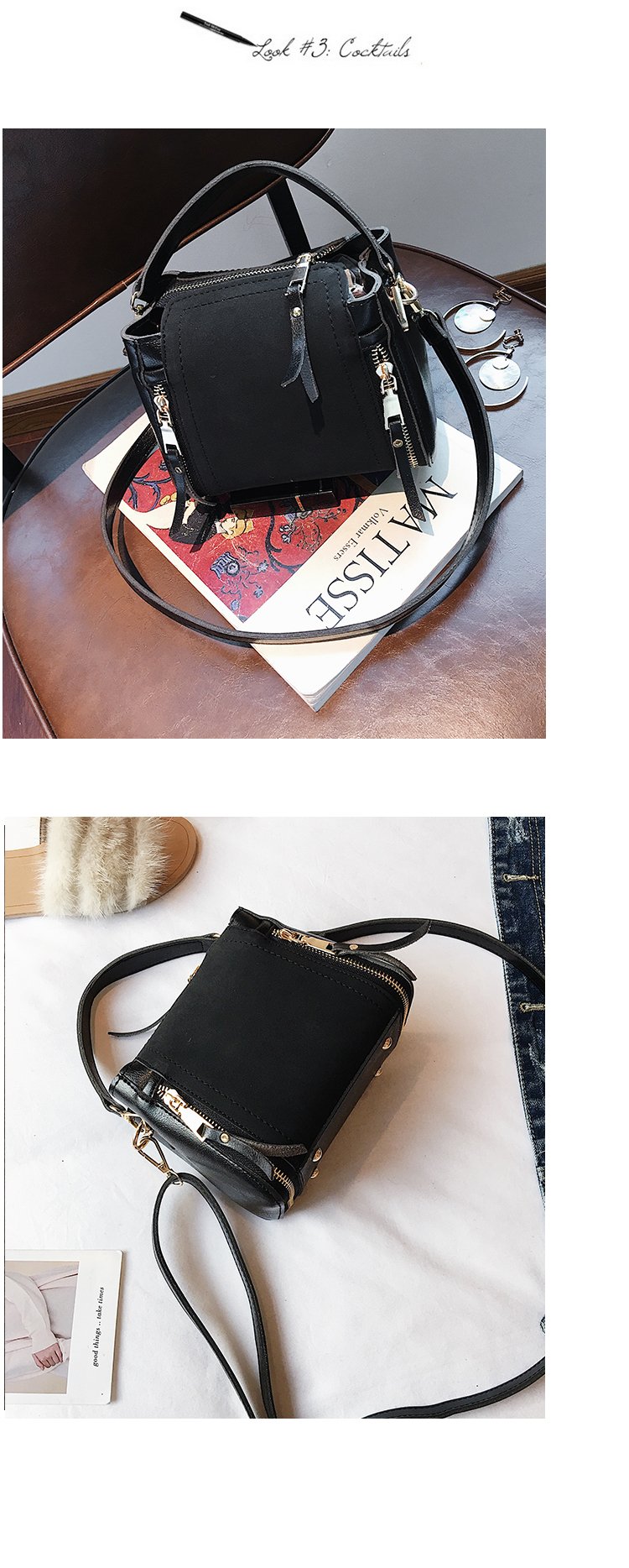 Fashion Black Double Zippers Decorated Pure Color Bag,Messenger bags