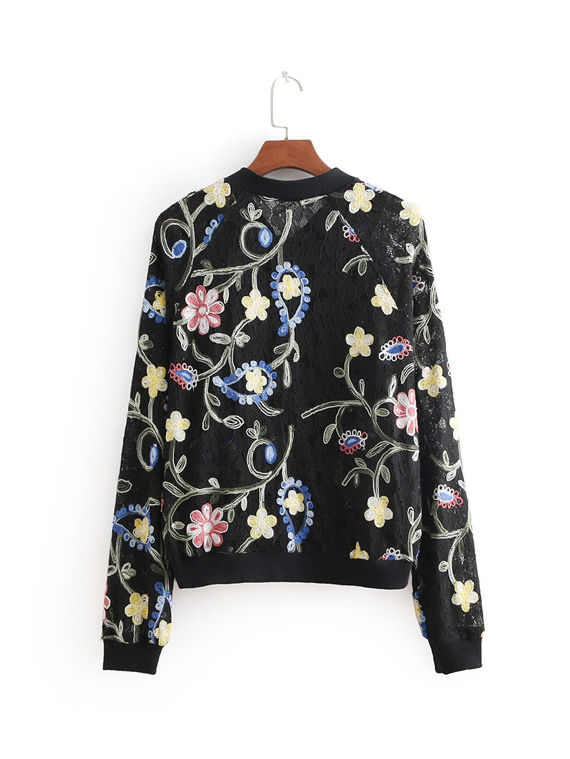 Fashion Black Embroidery Flower Pattern Decorated Coat,Coat-Jacket