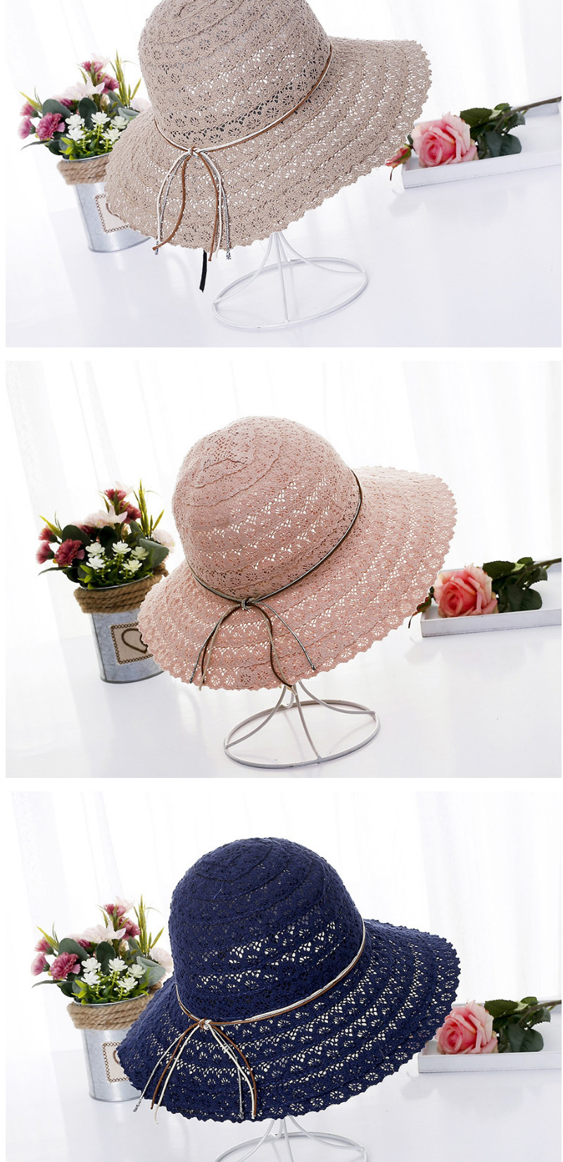 Fashion Khaki Hollow Out Design Bowknot Decorated Hat,Sun Hats