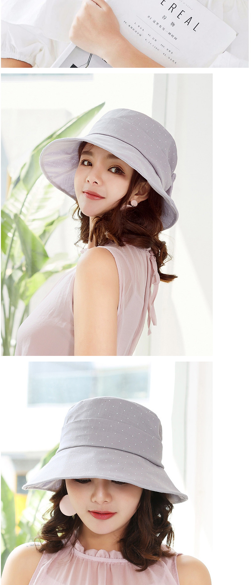 Fashion Gray Bowknot Shape Decorated Dots Pattern Hat,Sun Hats