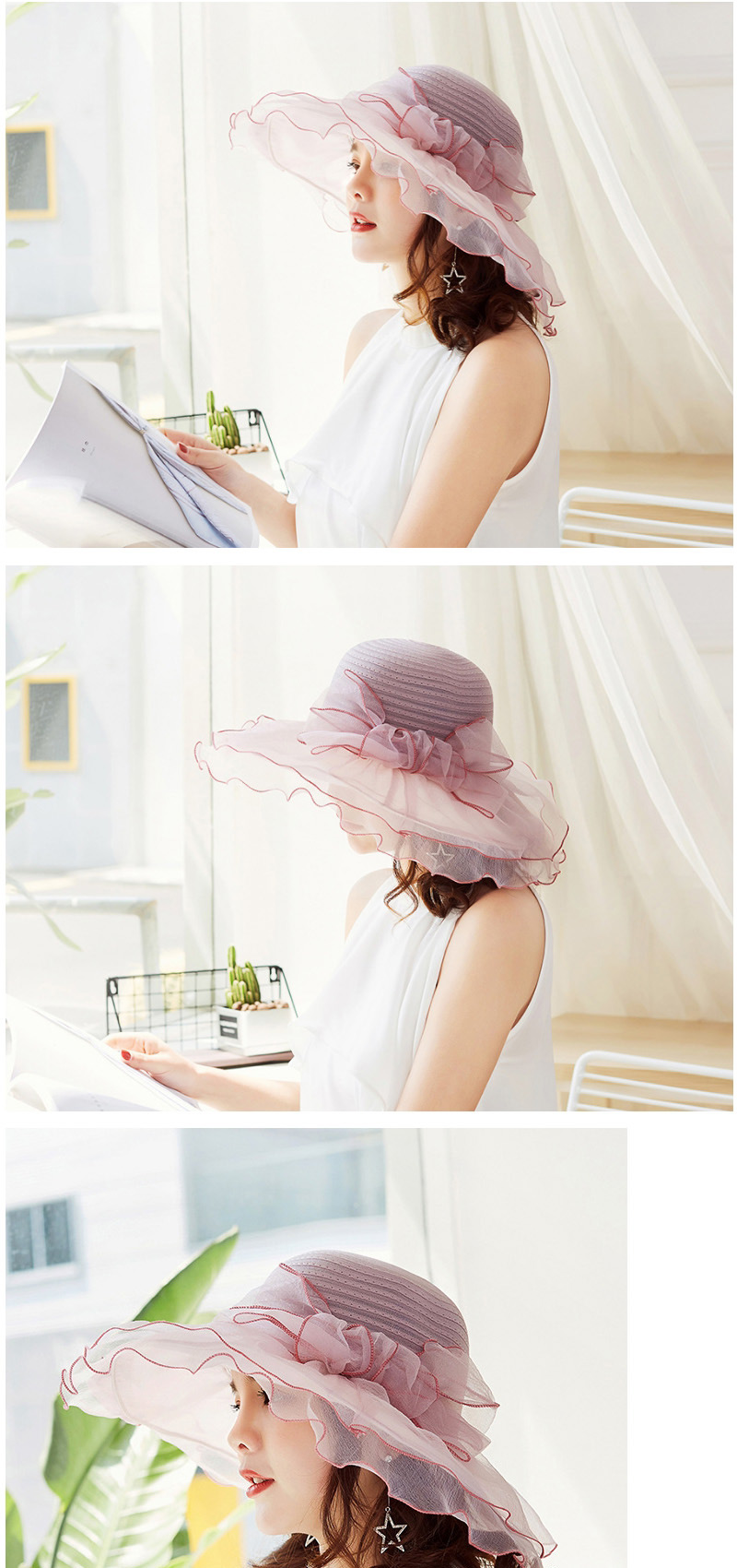 Fashion Light Pink Flower Shape Decorated Pure Color Hat,Sun Hats