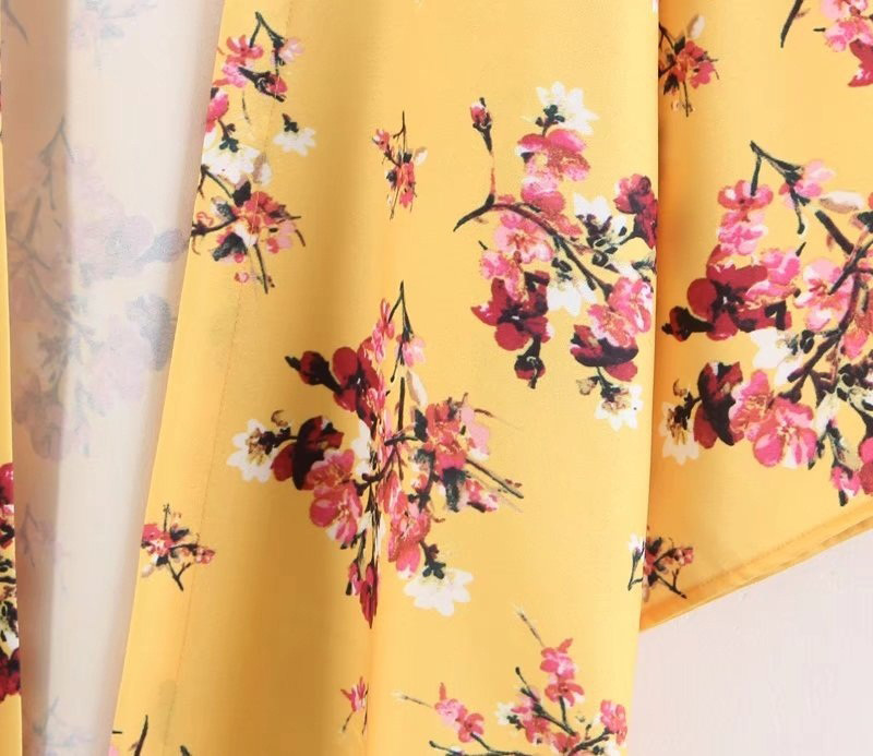 Fashion Yellow Flower Pattern Decorated Kimono,Coat-Jacket