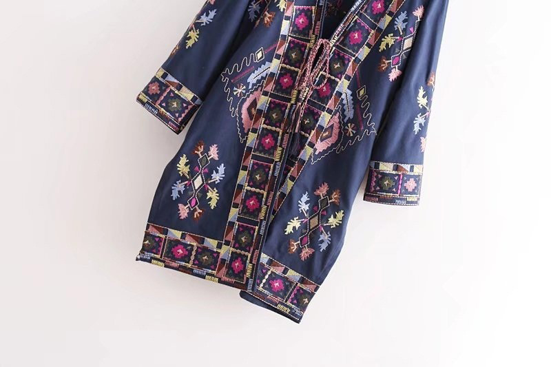 Fashion Navy Flower Pattern Decorated Kimono,Coat-Jacket