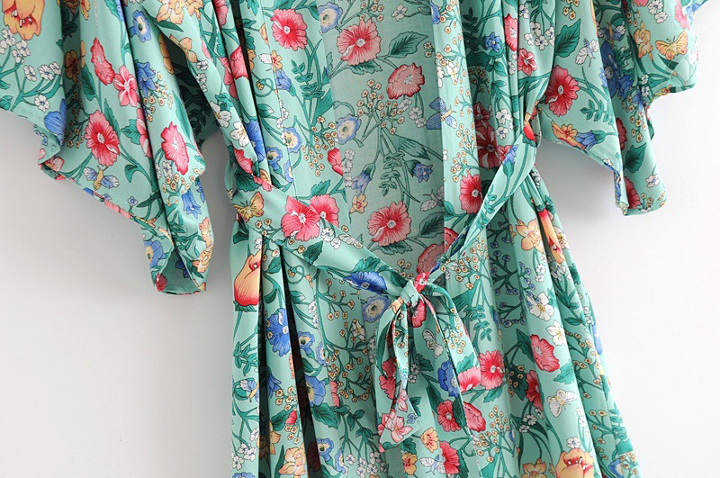 Fashion Green Flower Pattern Decorated Kimono,Sunscreen Shirts