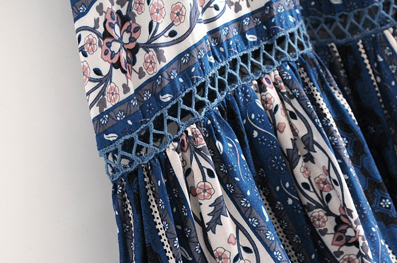 Fashion Navy Tassel Decorated Flower Pattern Blouse,Skirts