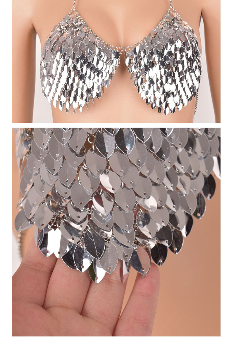 Sexy Silver Color Off-the-shoulder Design Paillette Decorated Bikini,Body Piercing Jewelry
