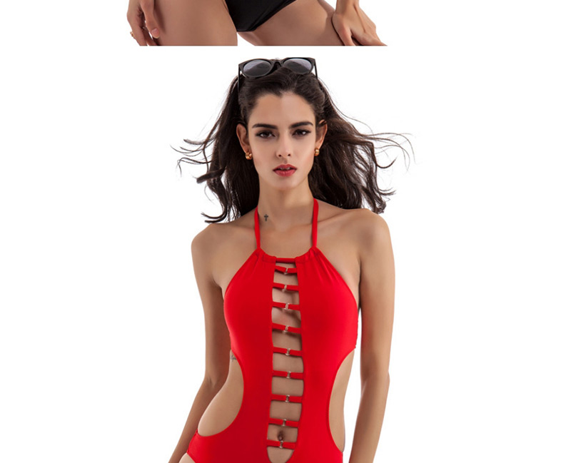 Sexy Red Hollow Out Design Pure Color One-piece Swimwear,One Pieces