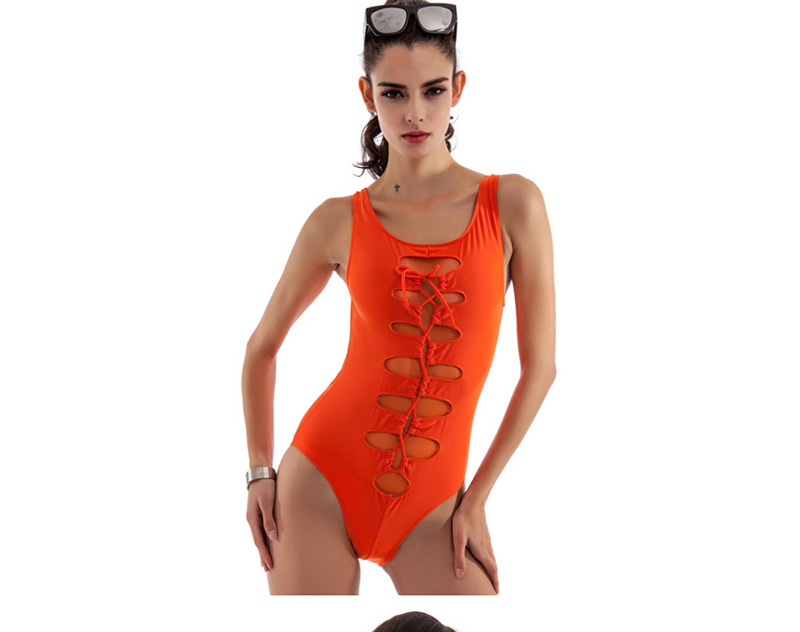Sexy Orange Hollow Out Design Pure Color One-piece Swimwear,One Pieces