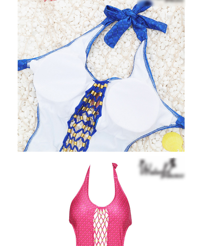 Sexy Blue Grids Pattern Decorated Hollow Out Swimwear,One Pieces