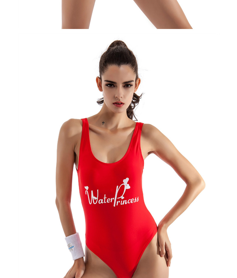Sexy Plum Red Round Neckline Design Letter Pattern Swimwear,One Pieces