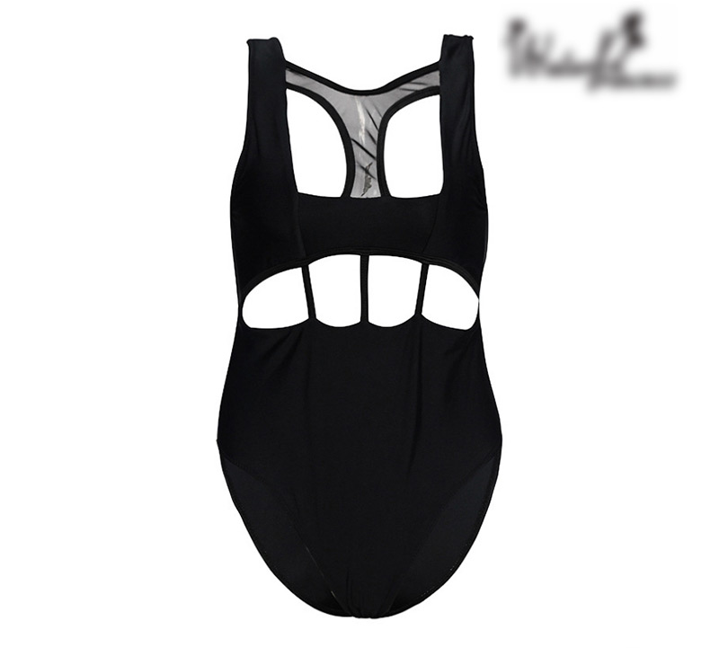 Sexy Black Hollow Out Design Pure Color Swimwear,One Pieces