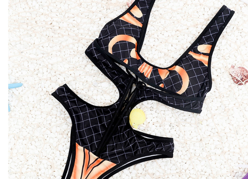 Sexy Black Grids Pattern Decorated Hollow Out Swimwear,One Pieces