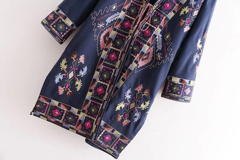 Fashion Dark Blue Flowers Decorated Long Sleeves Kimono,Coat-Jacket