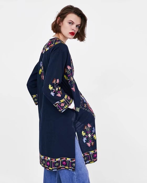 Fashion Dark Blue Flowers Decorated Long Sleeves Kimono,Coat-Jacket