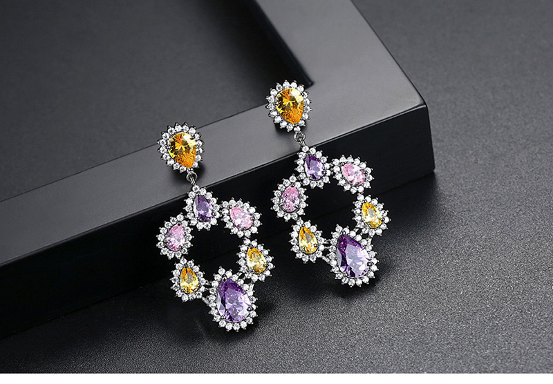 Fashion Yellow+purple Water Drop Shape Diamond Decorated Earrings,Earrings
