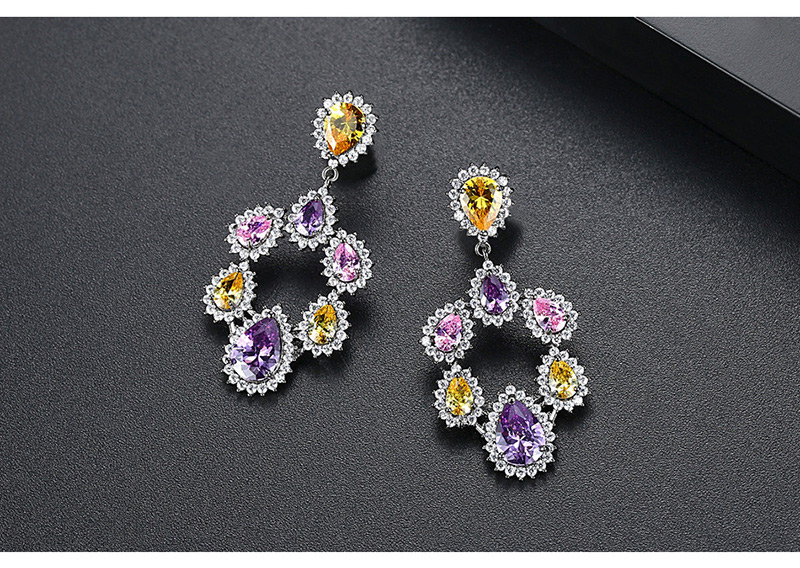 Fashion Yellow+purple Water Drop Shape Diamond Decorated Earrings,Earrings