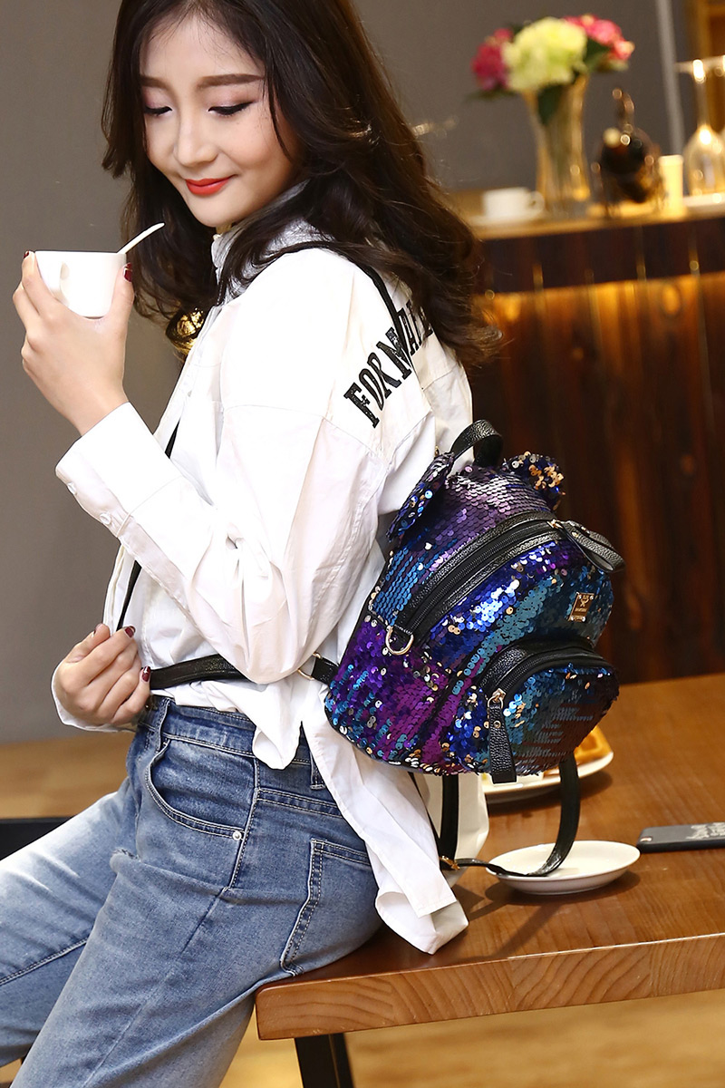 Fashion Black Pure Color Decorated Paillette Backpack,Backpack