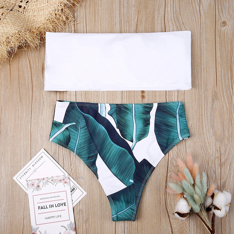 Sexy White+green Leaf Pattern Decorated Simple Swimwear(2pcs),Bikini Sets