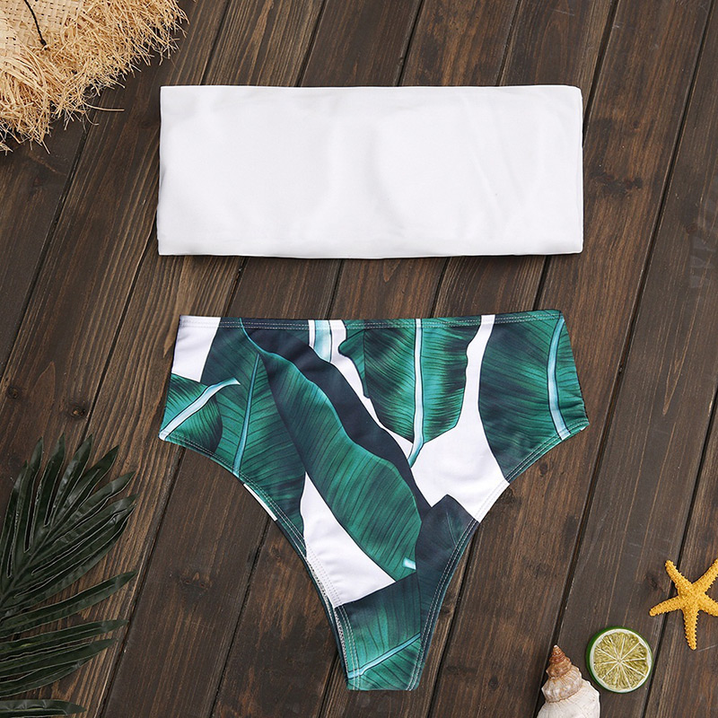 Sexy White+green Leaf Pattern Decorated Simple Swimwear(2pcs),Bikini Sets