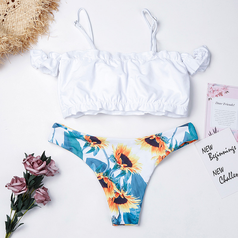 Fashion White Sunflower Pattern Decorated Split Swimwear,Swimwear Sets