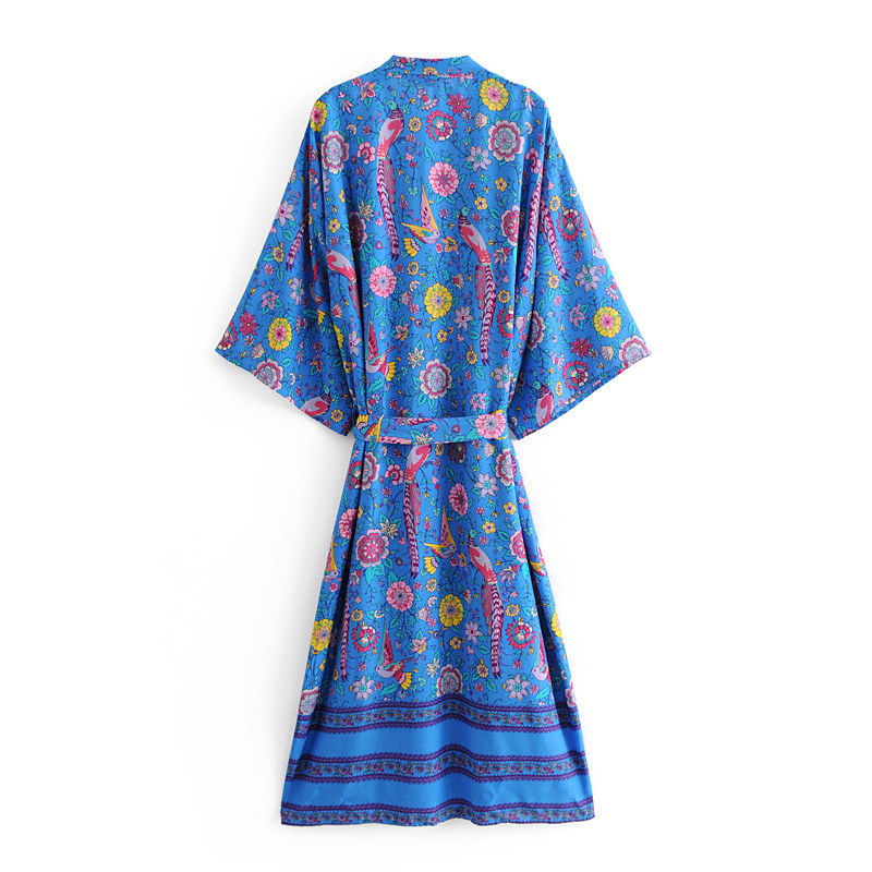 Fashion Blue Birds&flowers Pattern Decorated Kimono,Coat-Jacket