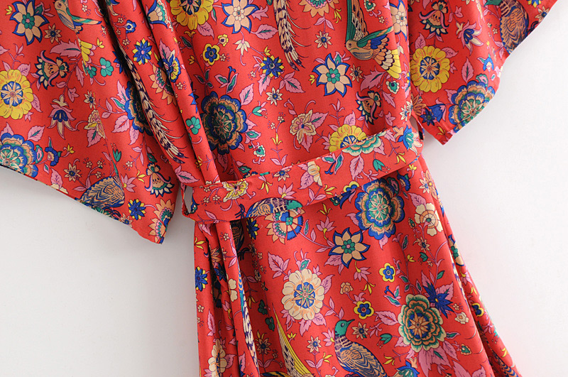 Fashion Red Birds&flowers Pattern Decorated Kimono,Coat-Jacket