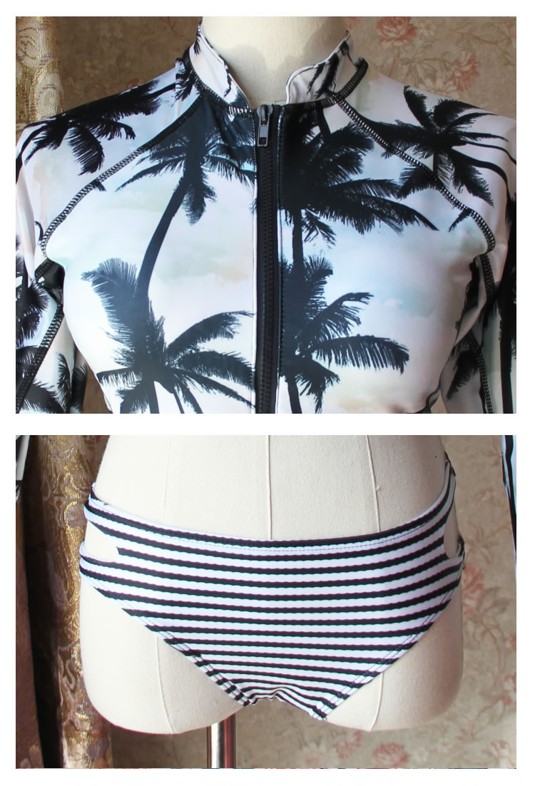 Sexy White+black Coconut Tree Pattern Decorated Long Sleeves Bikini,Bikini Sets