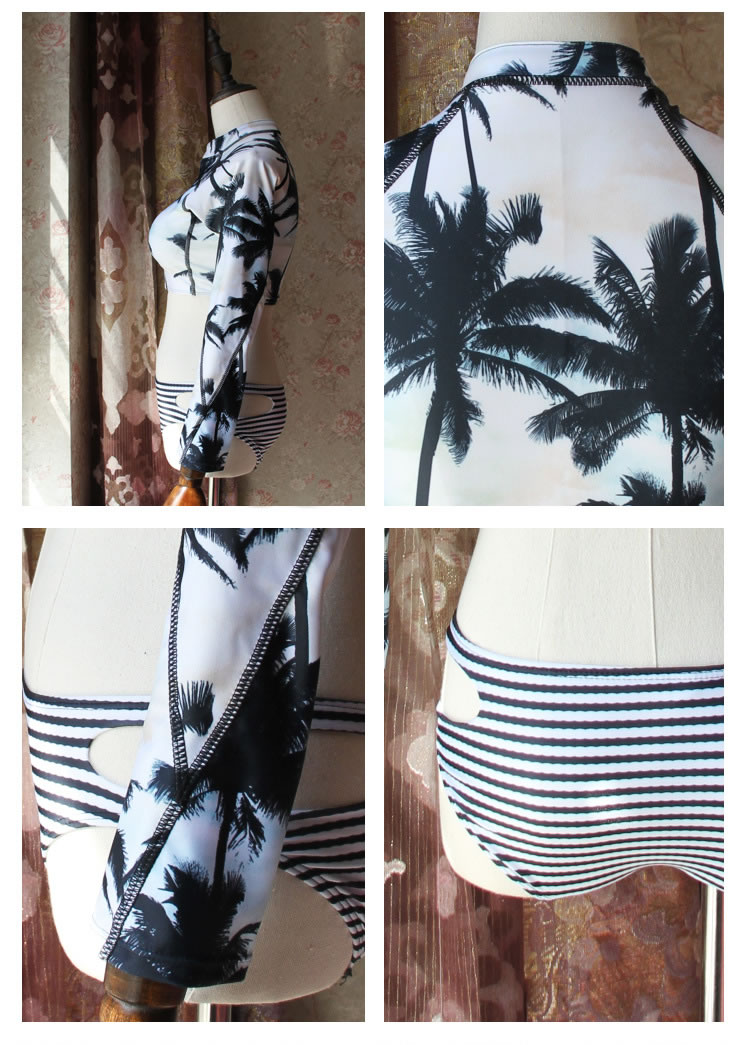 Sexy White+black Coconut Tree Pattern Decorated Long Sleeves Bikini,Bikini Sets