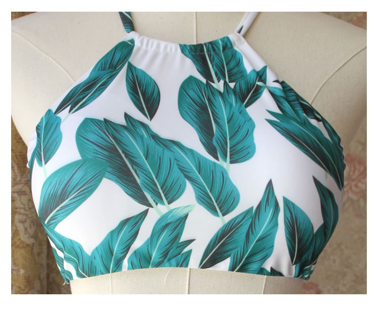 Sexy White+green Leaf Pattern Decorated High-neckline Bikini,Swimwear Sets
