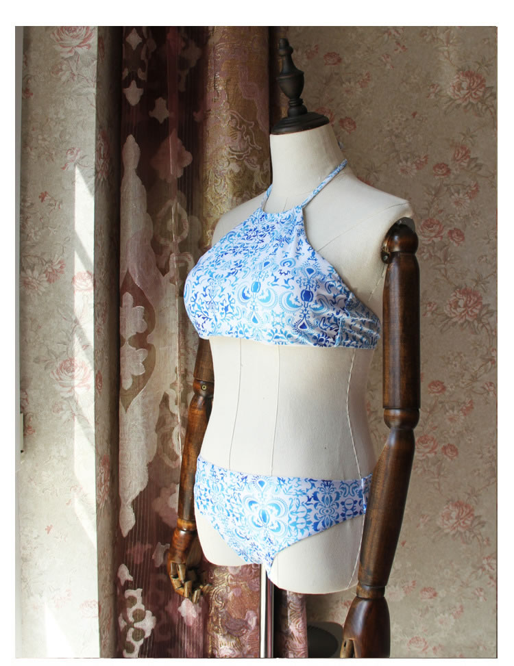 Sexy Blue Off-the-shoulder Design Split Bikini,Bikini Sets
