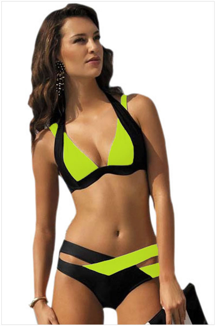Sexy Black+green Color Matching Decorated Split Bikini,Swimwear Plus Size