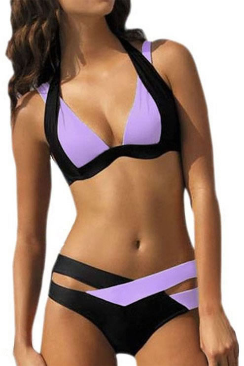 Sexy Black+purple Color Matching Decorated Split Bikini,Swimwear Plus Size