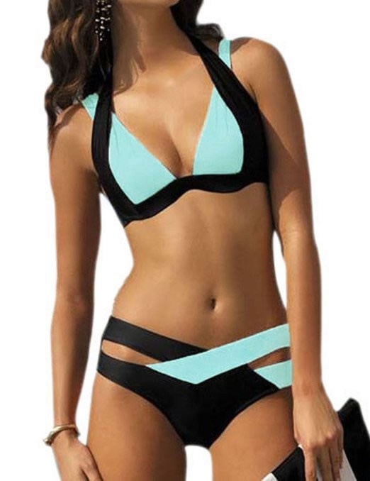 Sexy Black+blue Color Matching Decorated Split Bikini,Swimwear Plus Size