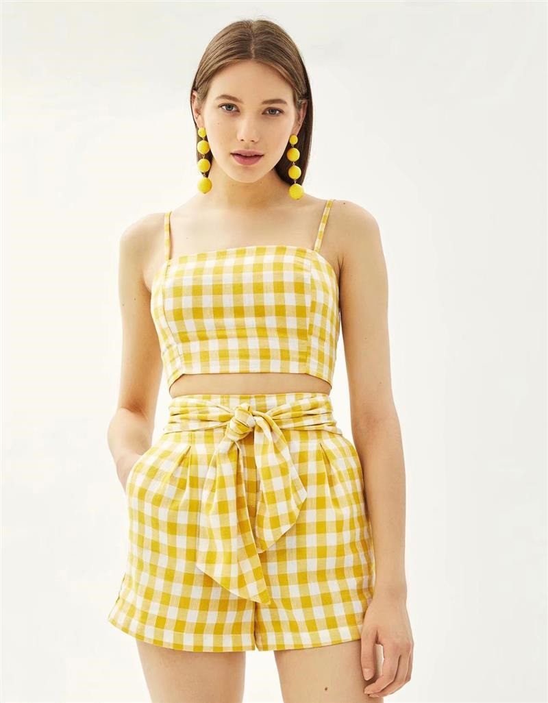 Fashion Yellow Grids Pattern Decorated Pants,Shorts