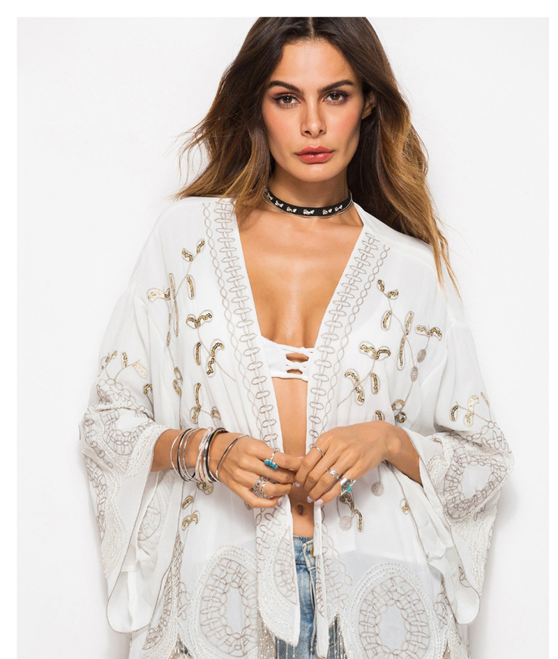 Sexy White Embroidery Decorated Long Sleeves Smock,Sunscreen Shirts