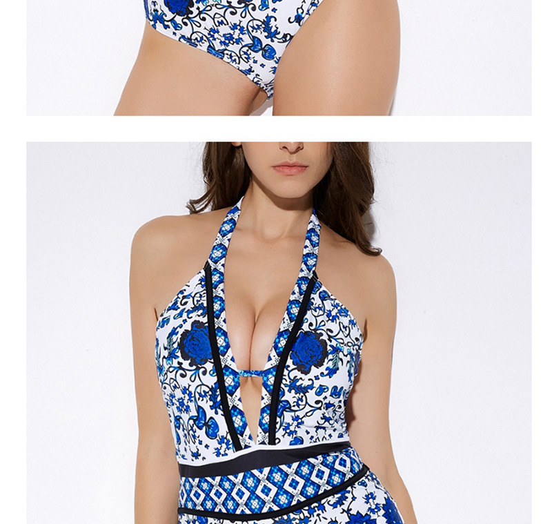 Sexy Blue Flower Pattern Decorated V Neckline Swimwear,One Pieces